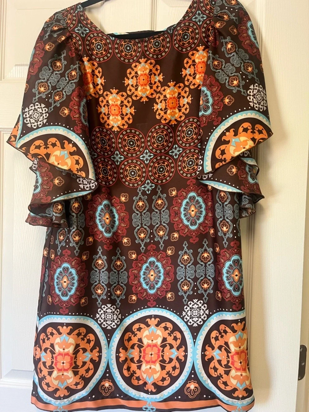 Uncle Frank Brown Mini Dress with Orange and Turquoise Medallions - Picture 1 of 3